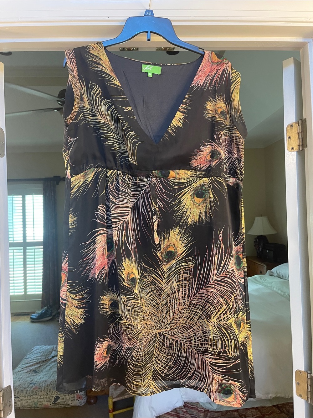 vfish Black Mini Dress with Multicolor Peacock-Print